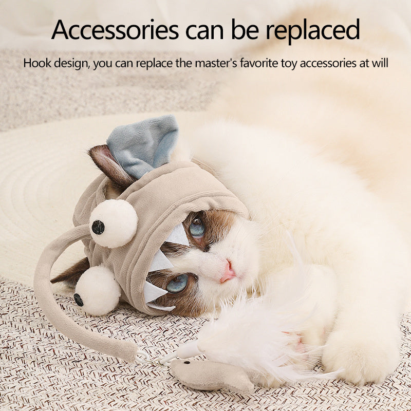 KFX-0187581 Cat Head Teaser Toy with Adjustable Strap, Soft Fabric and Plush Dinosaur Design for Indoor Play