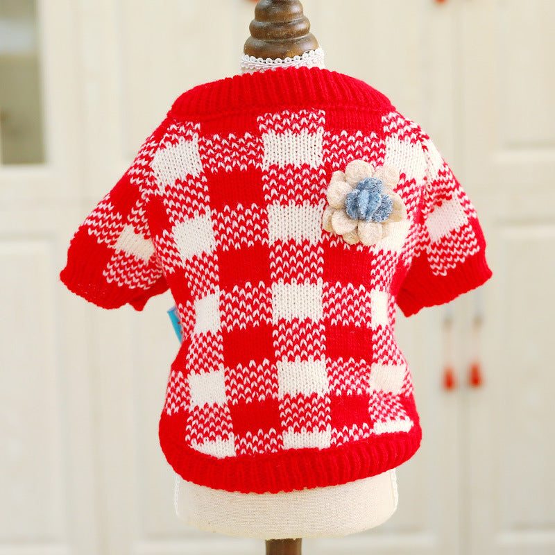 KFX-0188477 Cozy Red and White Checkered Sweater with Floral Design for Pets