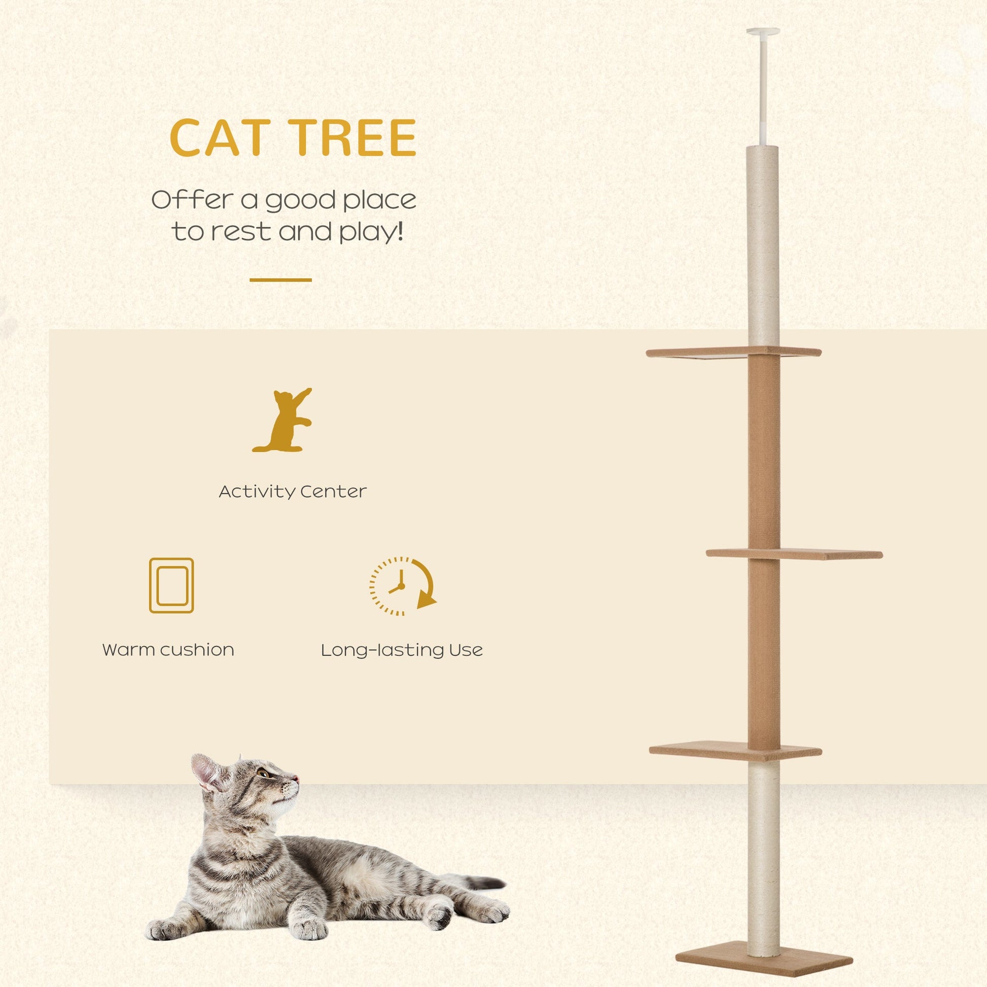 KFX-0195133 Light Brown Floor-to-Ceiling Cat Tree with Adjustable Height and Four Platforms