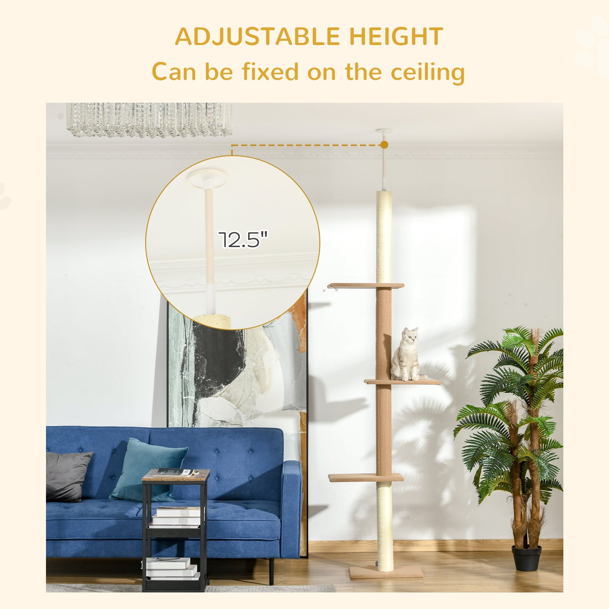 KFX-0195133 Light Brown Floor-to-Ceiling Cat Tree with Adjustable Height and Four Platforms