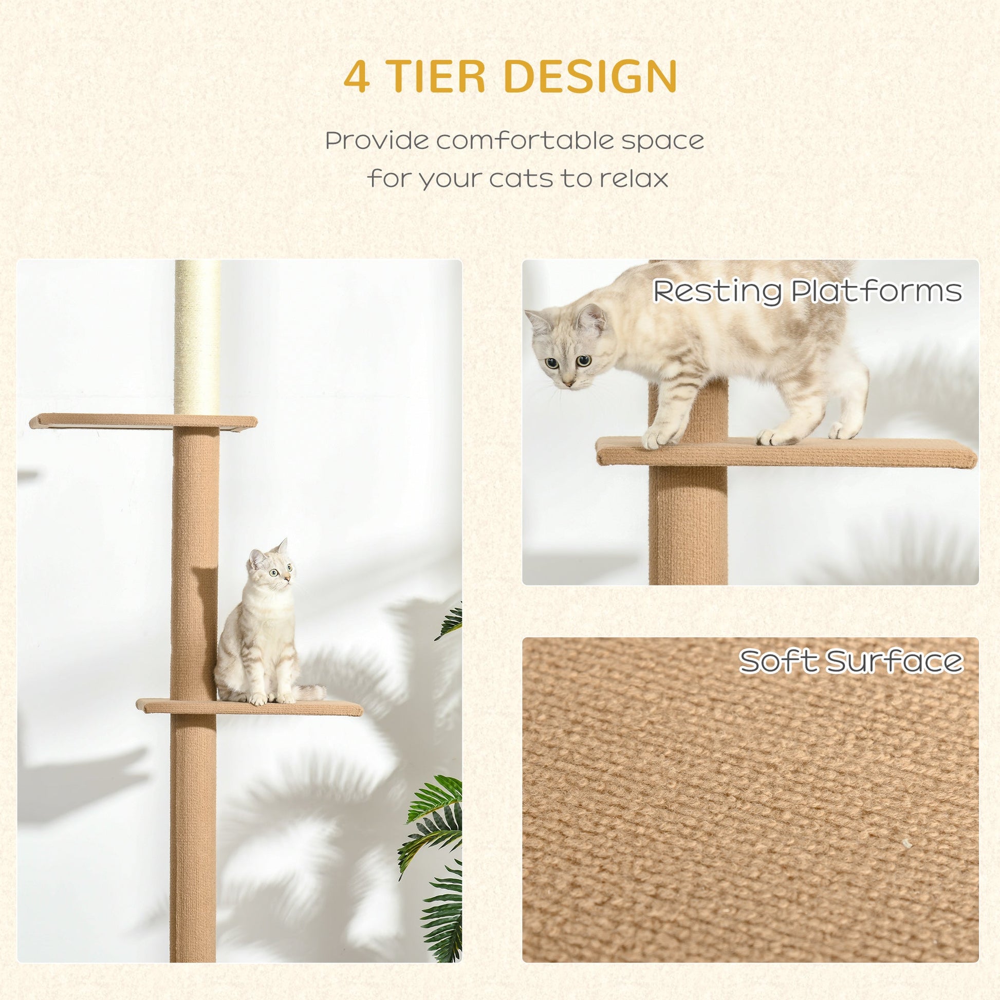 KFX-0195133 Light Brown Floor-to-Ceiling Cat Tree with Adjustable Height and Four Platforms