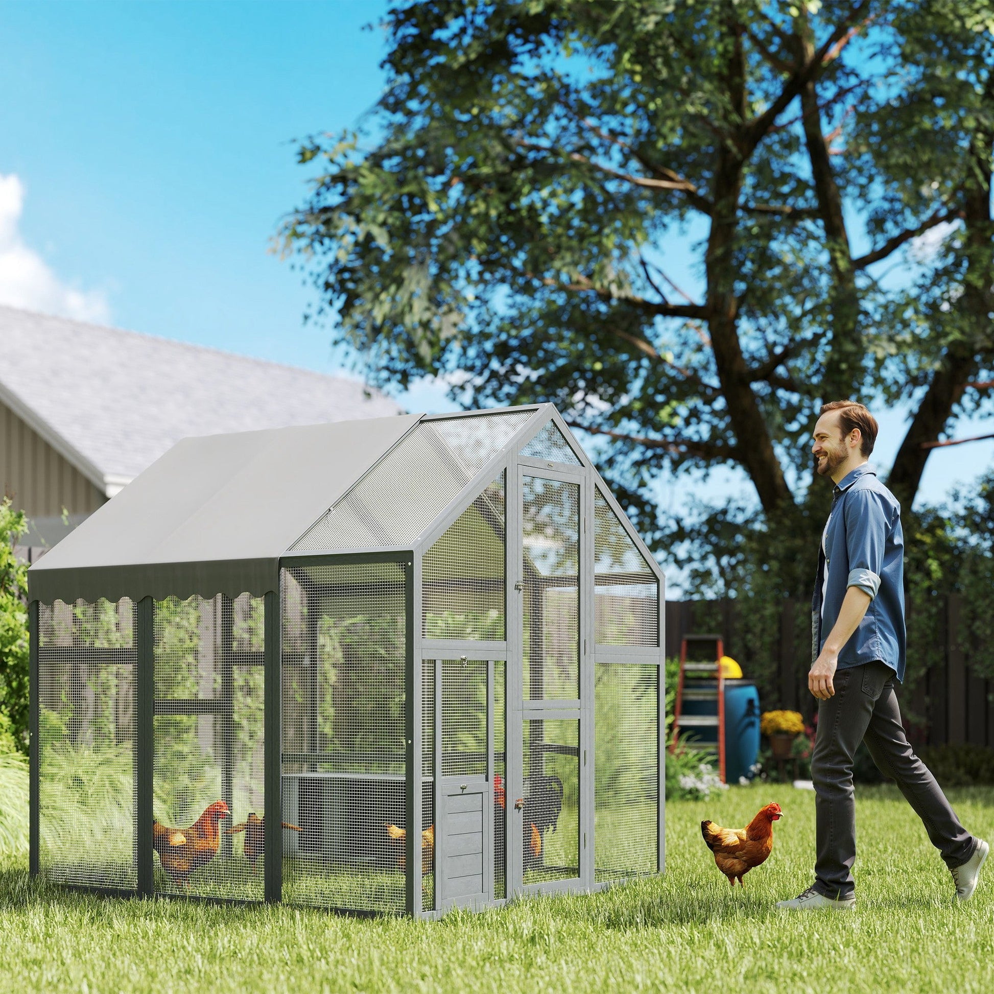KFX-0195517 Large Wooden Chicken Run with Waterproof Cover, Suitable for 6-8 Chickens, Backyard Poultry Coop, 5.5' x 6' x 6'