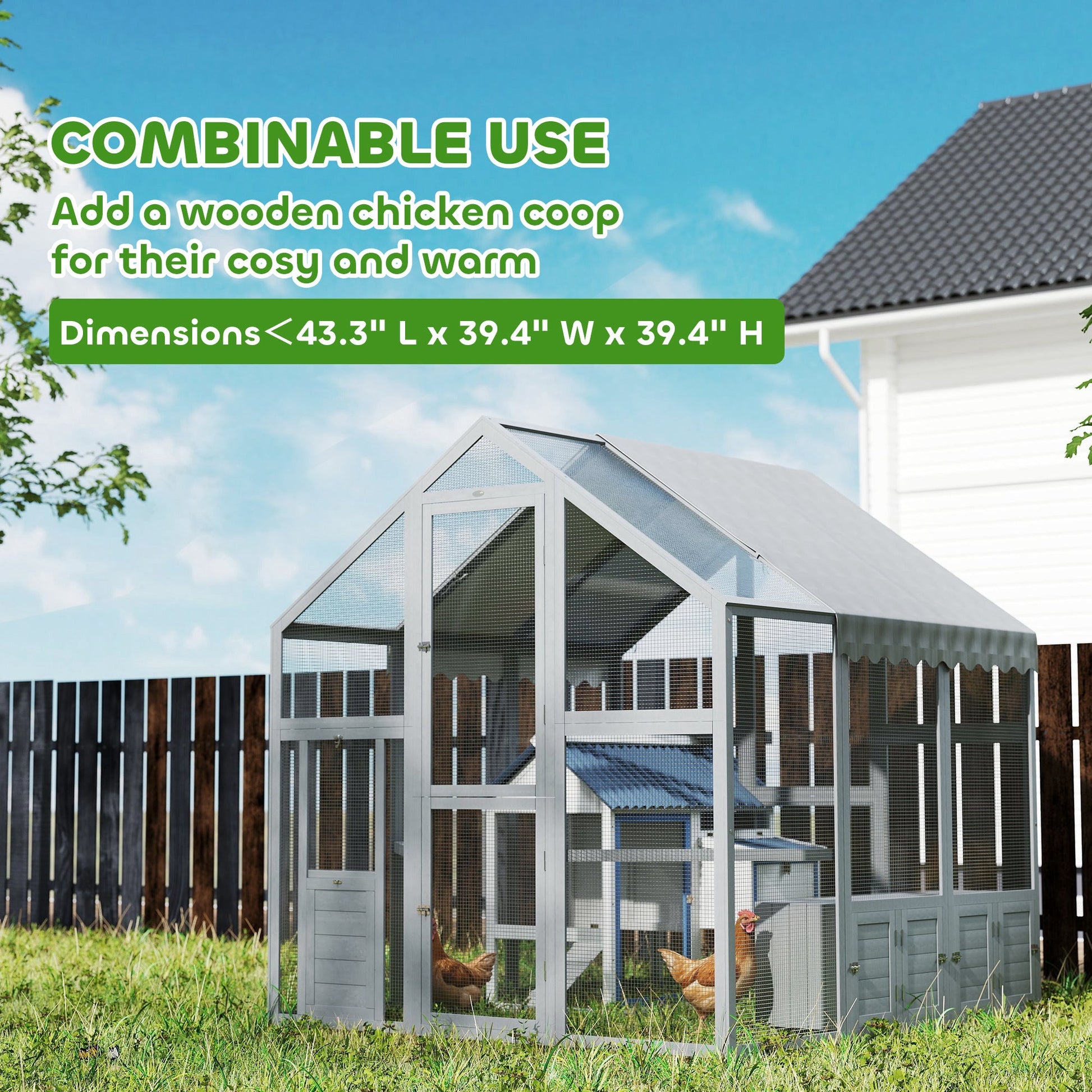 KFX-0195517 Large Wooden Chicken Run with Waterproof Cover, Suitable for 6-8 Chickens, Backyard Poultry Coop, 5.5' x 6' x 6'