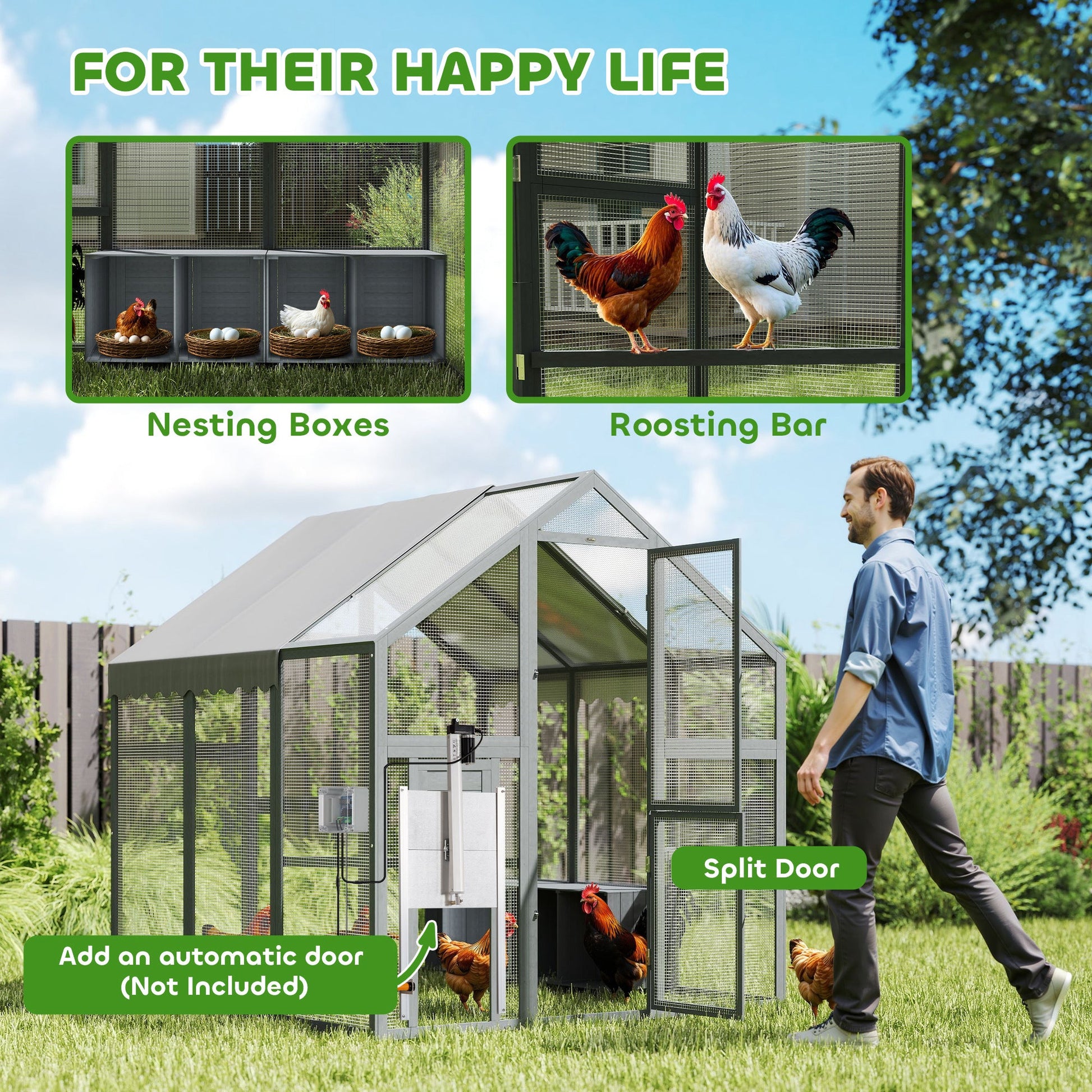 KFX-0195517 Large Wooden Chicken Run with Waterproof Cover, Suitable for 6-8 Chickens, Backyard Poultry Coop, 5.5' x 6' x 6'