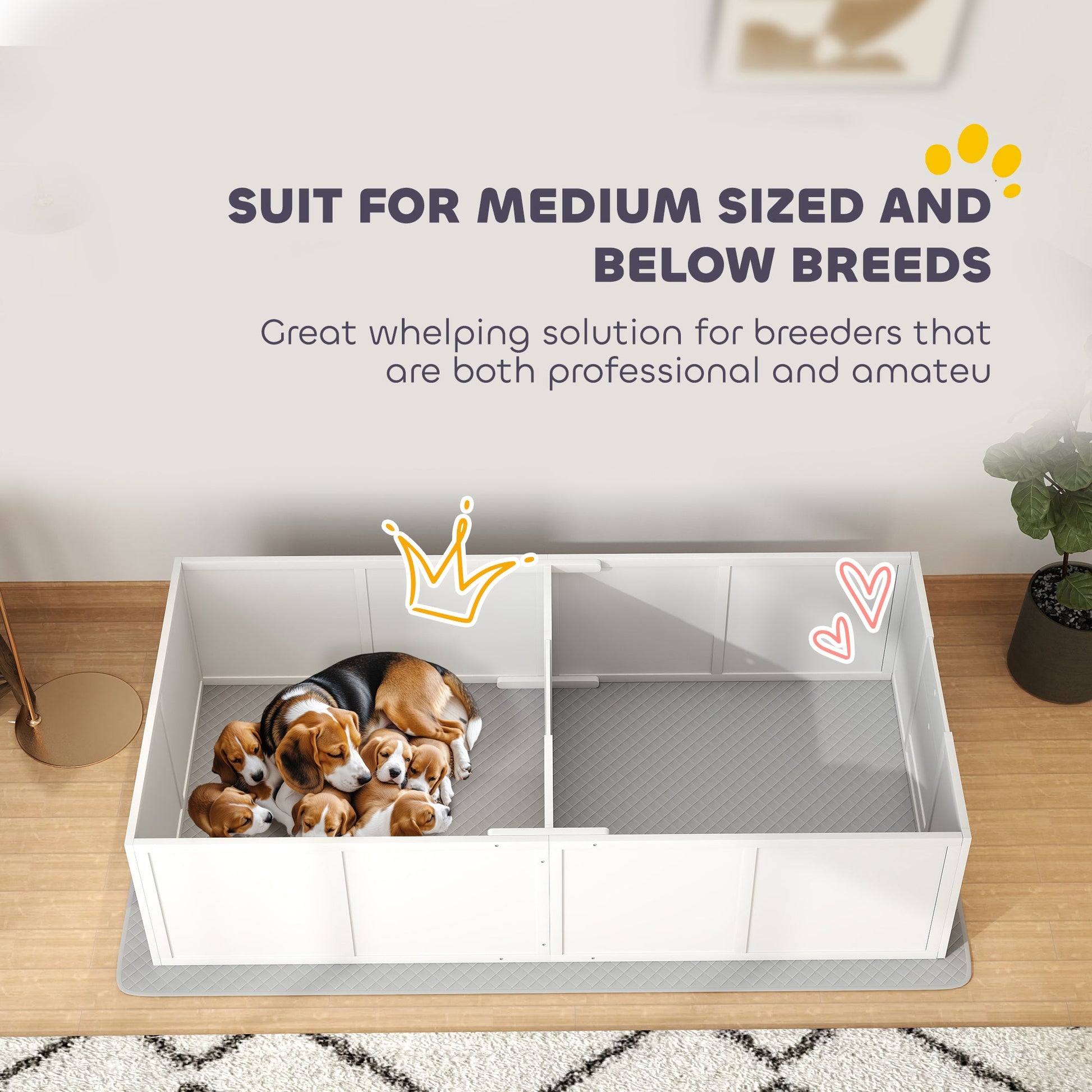 KFX-0203069 Whelping Box for Medium Dogs with Waterproof Pad and Adjustable Entrance - 77" x 38" x 19"