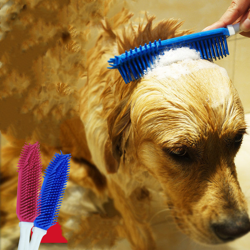 KFX-0203197 Pet Bath Brush for Dogs and Cats - Silicone and Plastic Scrubbing Tool in Blue, 27cm Length