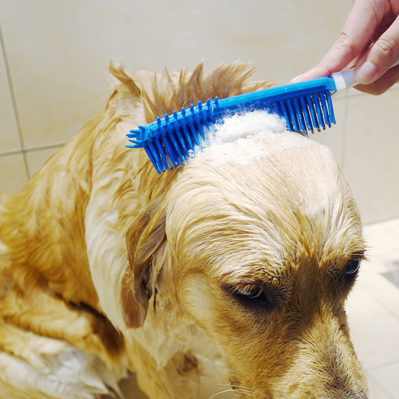 KFX-0203197 Pet Bath Brush for Dogs and Cats - Silicone and Plastic Scrubbing Tool in Blue, 27cm Length