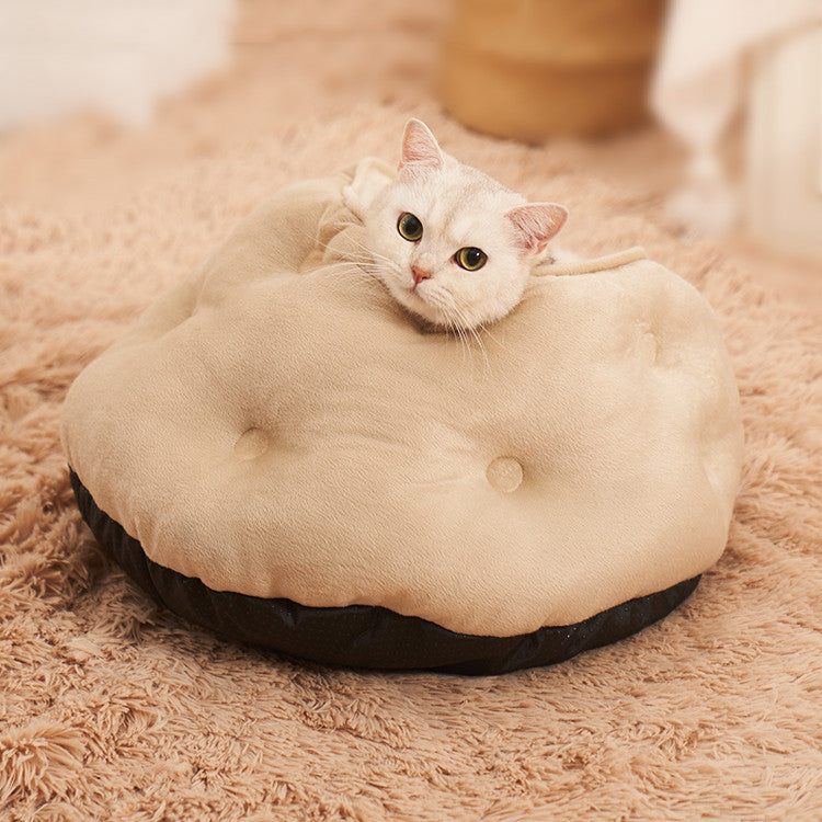 KFX-0207421 Warm Semi-Enclosed Plush Litter Mat for Cats in Beige and Blue