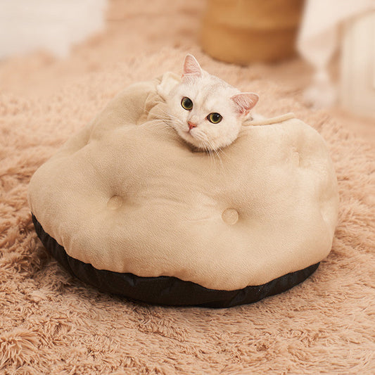 KFX-0207421 Warm Semi-Enclosed Plush Litter Mat for Cats in Beige and Blue