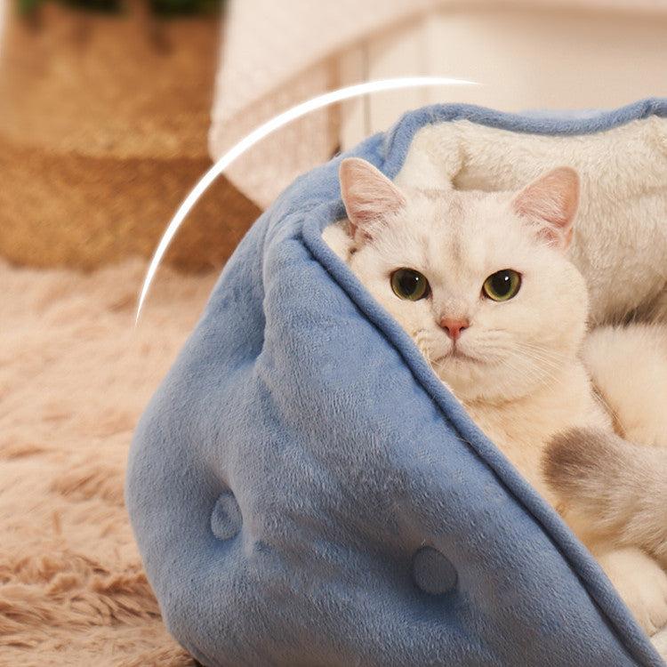 KFX-0207421 Warm Semi-Enclosed Plush Litter Mat for Cats in Beige and Blue