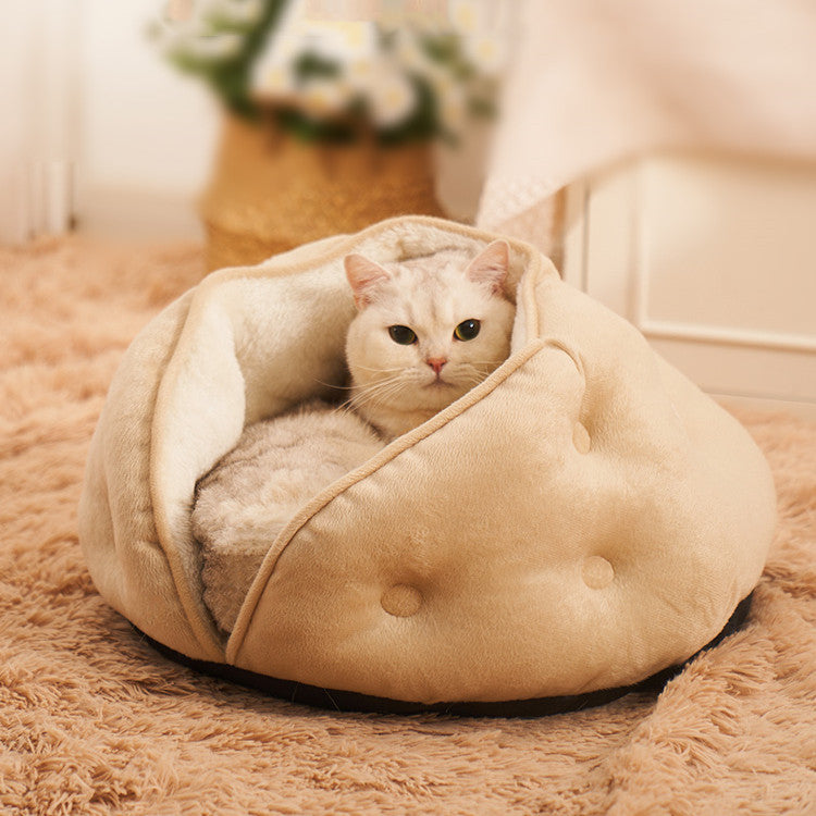 KFX-0207421 Warm Semi-Enclosed Plush Litter Mat for Cats in Beige and Blue