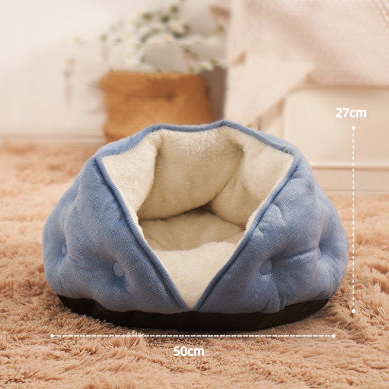KFX-0207421 Warm Semi-Enclosed Plush Litter Mat for Cats in Beige and Blue
