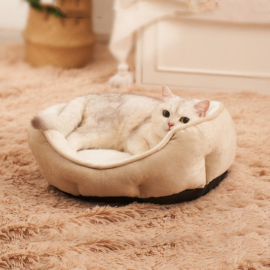 KFX-0207421 Warm Semi-Enclosed Plush Litter Mat for Cats in Beige and Blue
