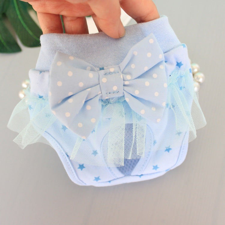 KFX-0207933 Bichon Poodle Canine Menstrual Panties in Denim with Mesh Bow - Pink & Blue Options Available