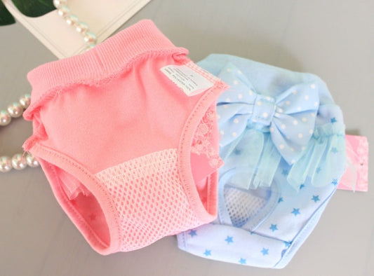KFX-0207933 Bichon Poodle Canine Menstrual Panties in Denim with Mesh Bow - Pink & Blue Options Available
