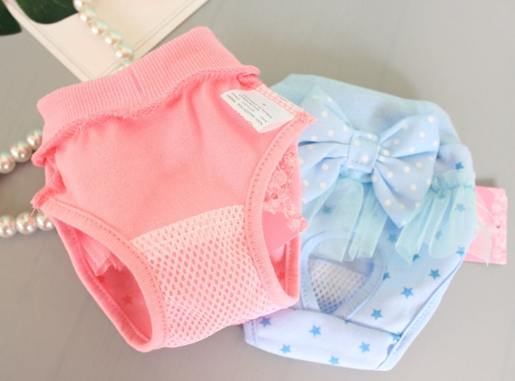 KFX-0207933 Bichon Poodle Canine Menstrual Panties in Denim with Mesh Bow - Pink & Blue Options Available