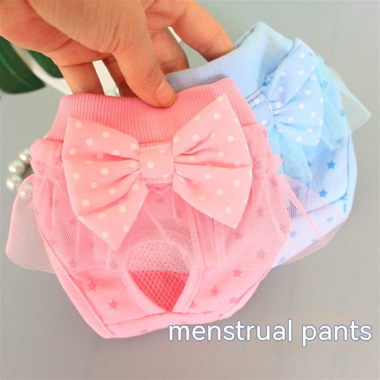 KFX-0207933 Bichon Poodle Canine Menstrual Panties in Denim with Mesh Bow - Pink & Blue Options Available