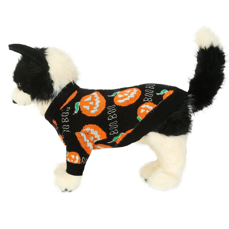 KFX-0211133 Halloween Pumpkin Pattern Dog Sweater - Black, Sizes S-XXL, Polyester Material