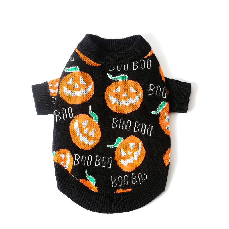 KFX-0211133 Halloween Pumpkin Pattern Dog Sweater - Black, Sizes S-XXL, Polyester Material