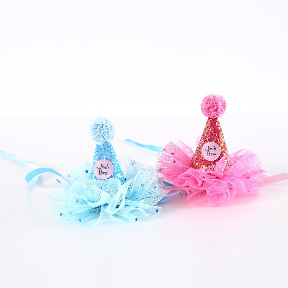 KFX-0221117 Cat Party Outfit Set - Pink or Blue Birthday Hat, Bow Tie & Flower Collar
