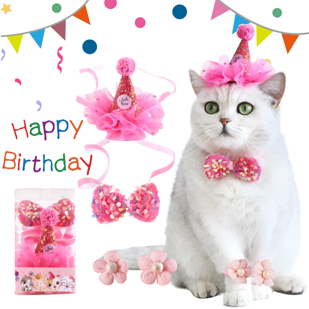 KFX-0221117 Cat Party Outfit Set - Pink or Blue Birthday Hat, Bow Tie & Flower Collar