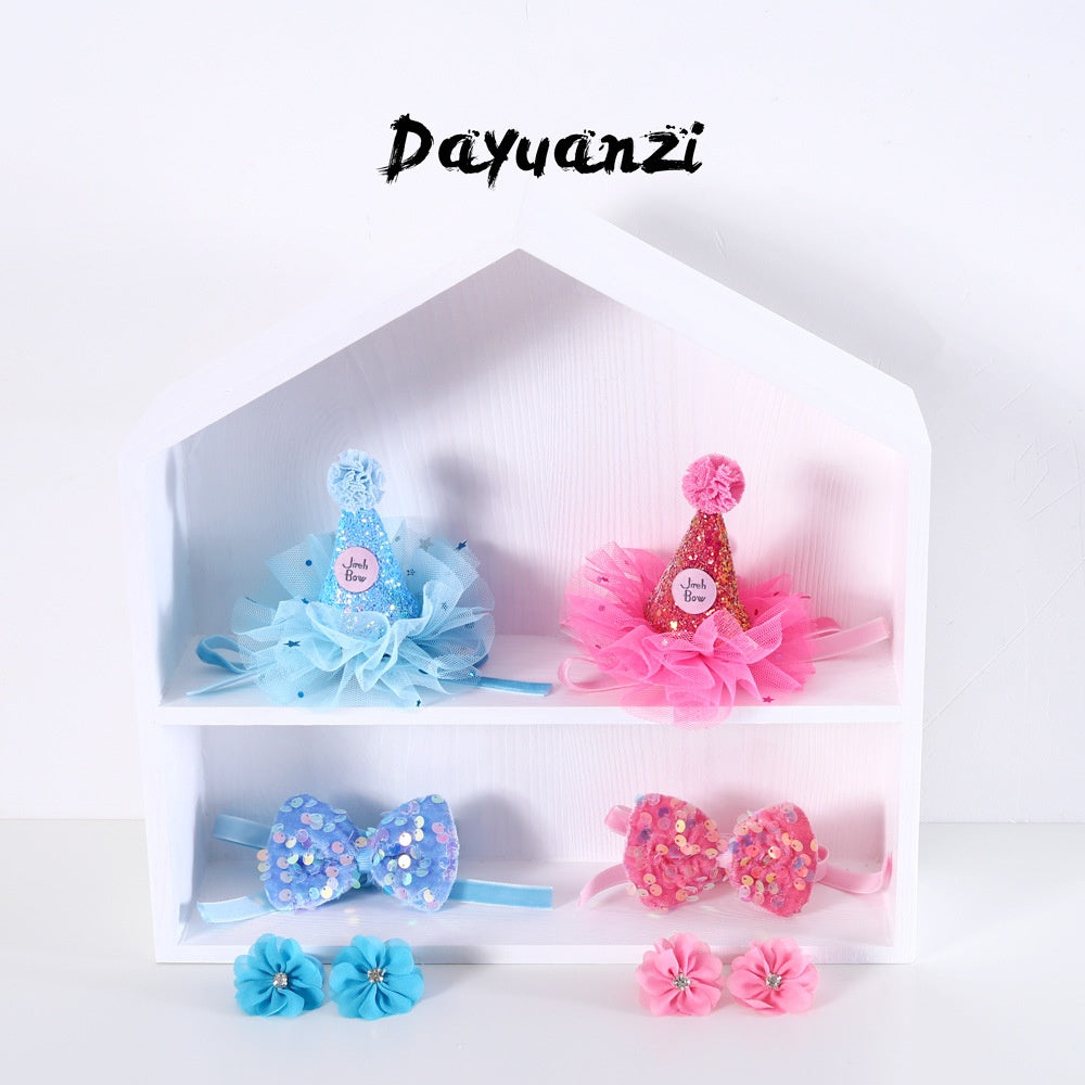 KFX-0221117 Cat Party Outfit Set - Pink or Blue Birthday Hat, Bow Tie & Flower Collar