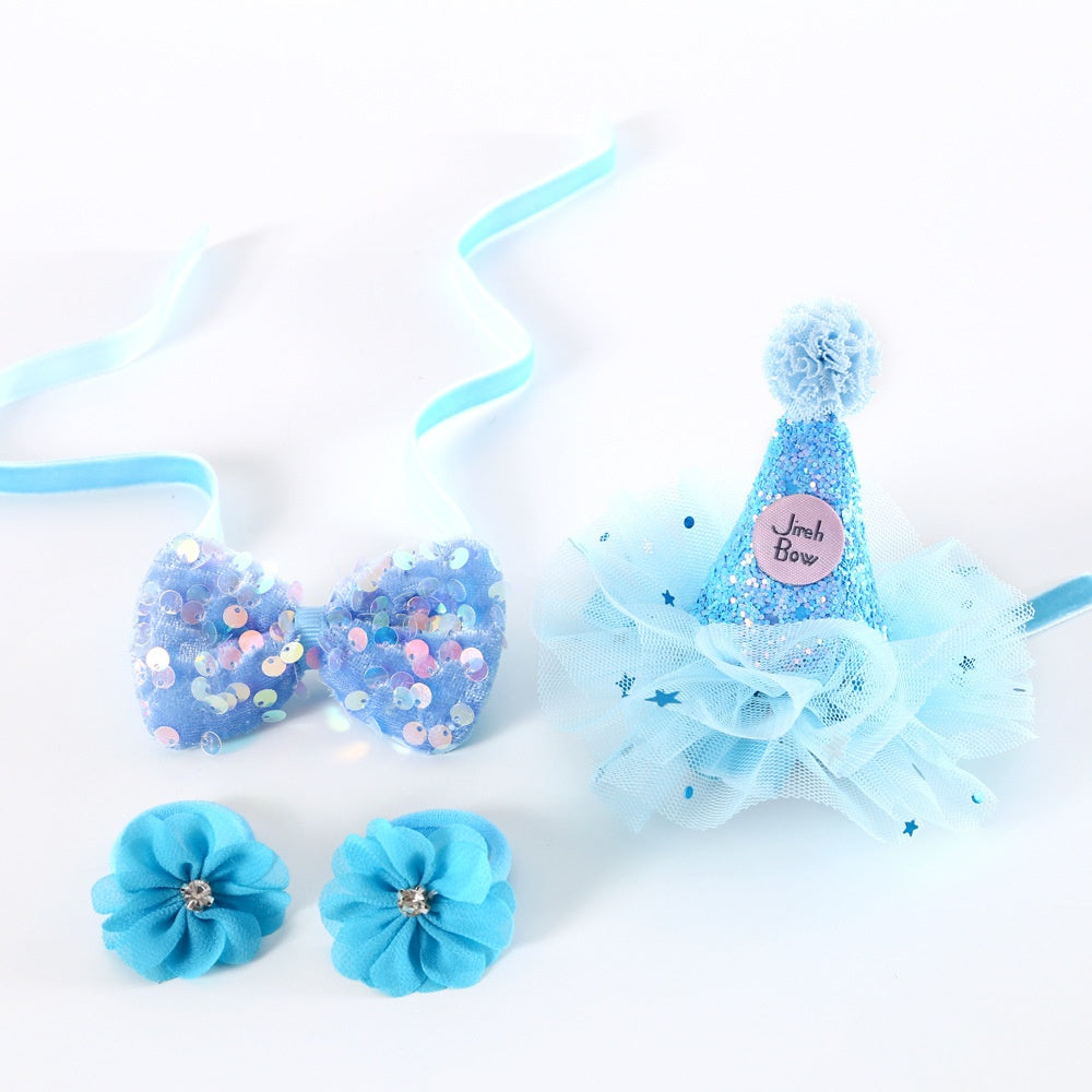 KFX-0221117 Cat Party Outfit Set - Pink or Blue Birthday Hat, Bow Tie & Flower Collar