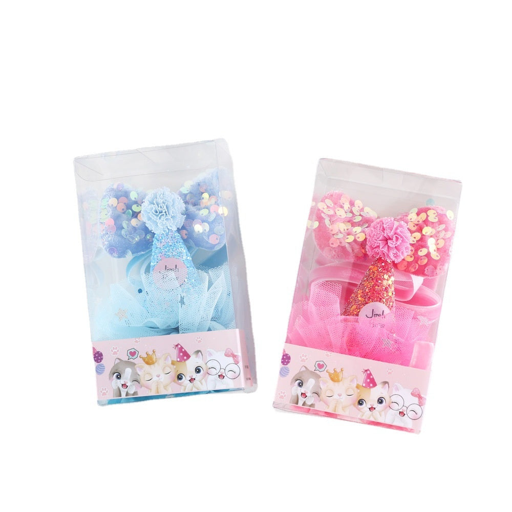 KFX-0221117 Cat Party Outfit Set - Pink or Blue Birthday Hat, Bow Tie & Flower Collar
