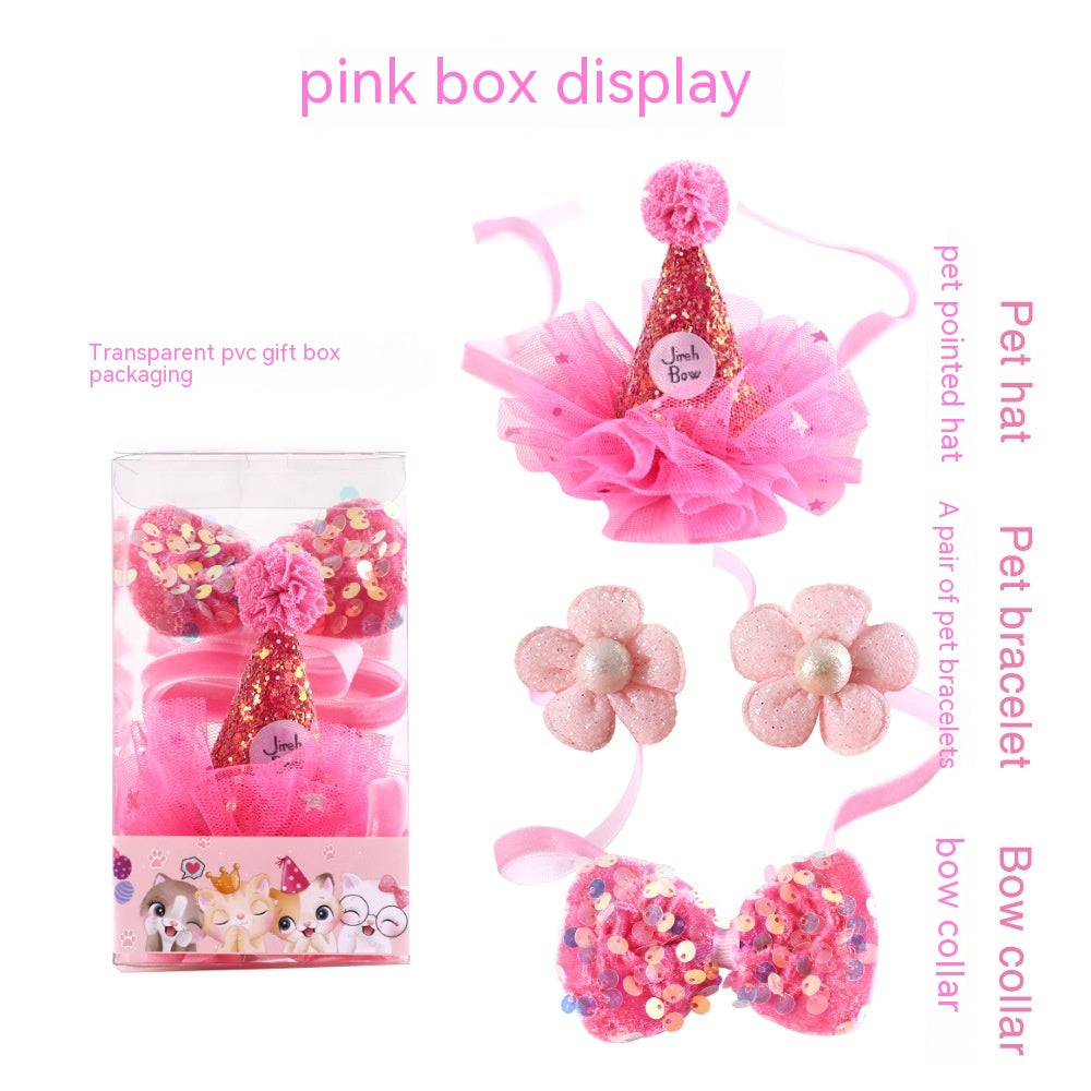 KFX-0221117 Cat Party Outfit Set - Pink or Blue Birthday Hat, Bow Tie & Flower Collar