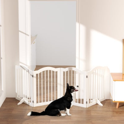 KFX-0222525 Tall Freestanding Pet Gate - 27.6" Height, 4 Panel Solid Wood Folding Safety Fence with Support Feet for Stairs and Doorways