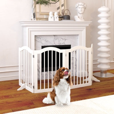 KFX-0222525 Tall Freestanding Pet Gate - 27.6" Height, 4 Panel Solid Wood Folding Safety Fence with Support Feet for Stairs and Doorways