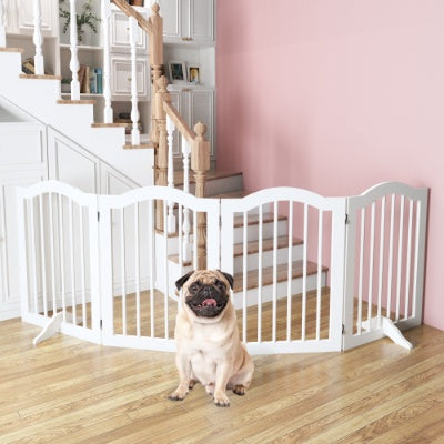 KFX-0222525 Tall Freestanding Pet Gate - 27.6" Height, 4 Panel Solid Wood Folding Safety Fence with Support Feet for Stairs and Doorways