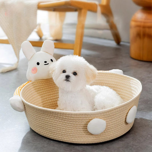 KFX-0226109 Cotton Rope Cat Bed and Scratcher with Multi-Purpose Woven Basket for Indoor Cats and Small Pets