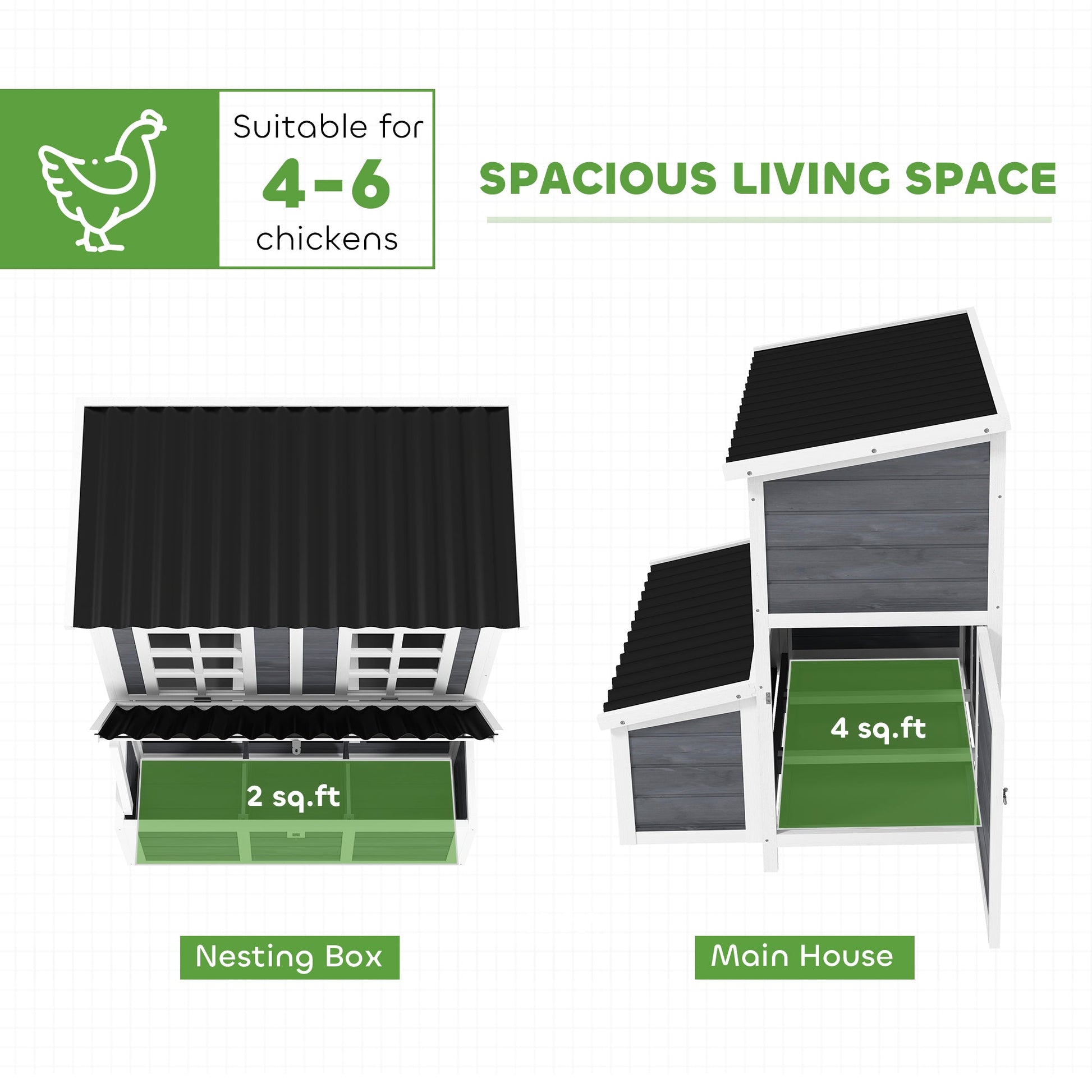 KFX-0228285 Spacious Wooden Chicken Coop with Nesting Box and Pull-Out Tray, Waterproof Roof for 4-6 Chickens
