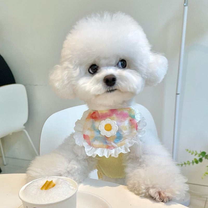 KFX-0231997 Cute Plaid Lace Bib for Pets - Yellow, Orange, Blue Grids, Polyester, One Size, 13.5cm x 9cm