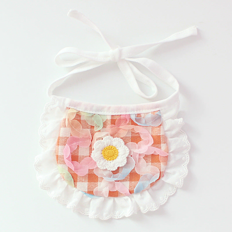 KFX-0231997 Cute Plaid Lace Bib for Pets - Yellow, Orange, Blue Grids, Polyester, One Size, 13.5cm x 9cm
