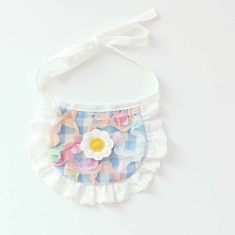 KFX-0231997 Cute Plaid Lace Bib for Pets - Yellow, Orange, Blue Grids, Polyester, One Size, 13.5cm x 9cm