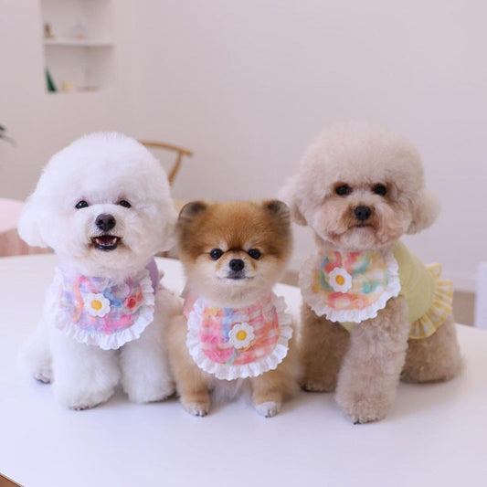 KFX-0231997 Cute Plaid Lace Bib for Pets - Yellow, Orange, Blue Grids, Polyester, One Size, 13.5cm x 9cm