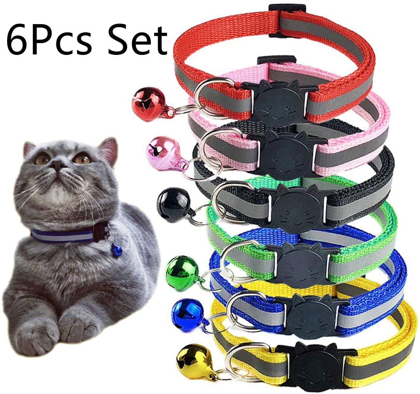 KFX-0232381 Reflective Polyester Cat Collar with Colorful Bell – Adjustable 19-32cm