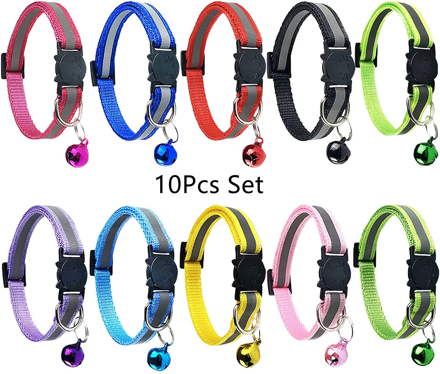 KFX-0232381 Reflective Polyester Cat Collar with Colorful Bell – Adjustable 19-32cm