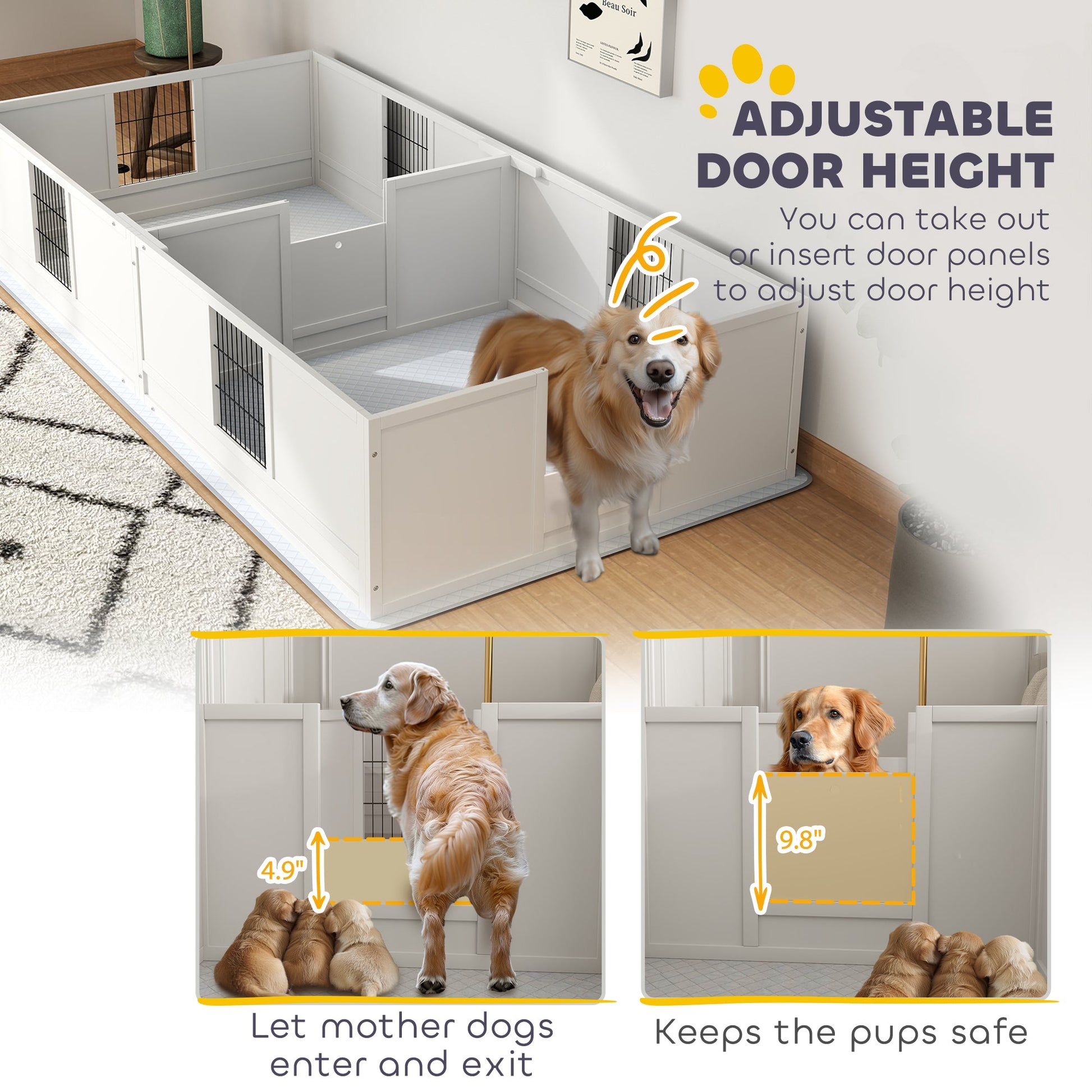 KFX-0235837 Dog Whelping Box with Washable Pad and Adjustable Door for Large Breeds – 96" x 47" x 19"
