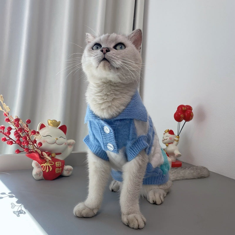 KFX-0238141 Plaid Polo-Collar Cardigan Sweater for Small to Medium Pets in Sky Blue and Pink