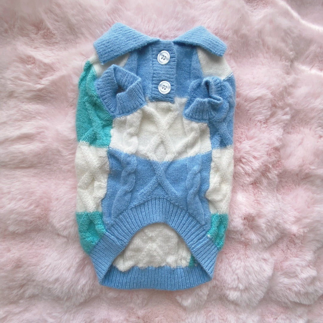 KFX-0238141 Plaid Polo-Collar Cardigan Sweater for Small to Medium Pets in Sky Blue and Pink