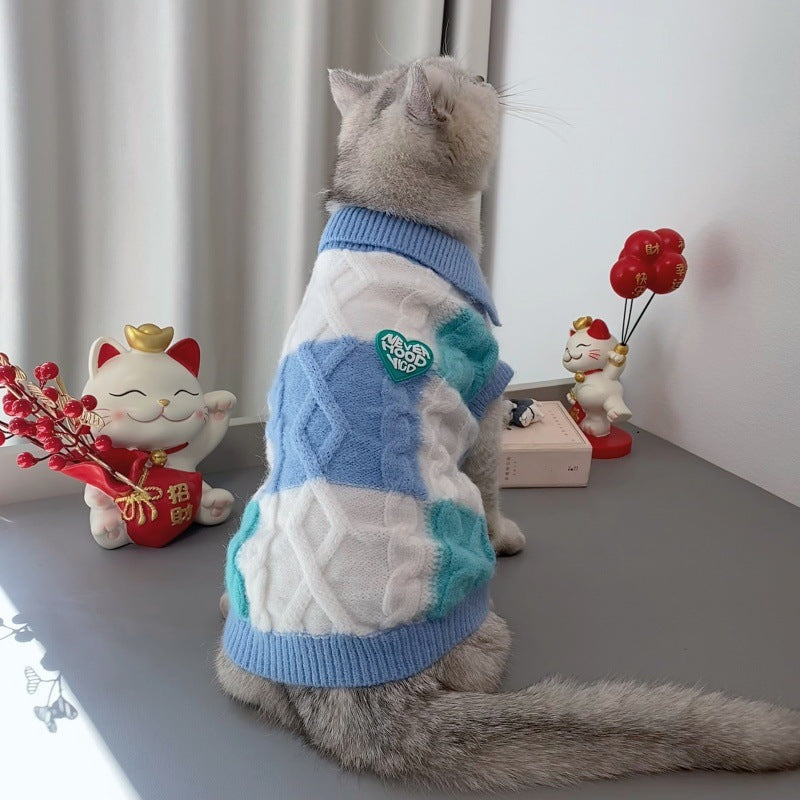 KFX-0238141 Plaid Polo-Collar Cardigan Sweater for Small to Medium Pets in Sky Blue and Pink