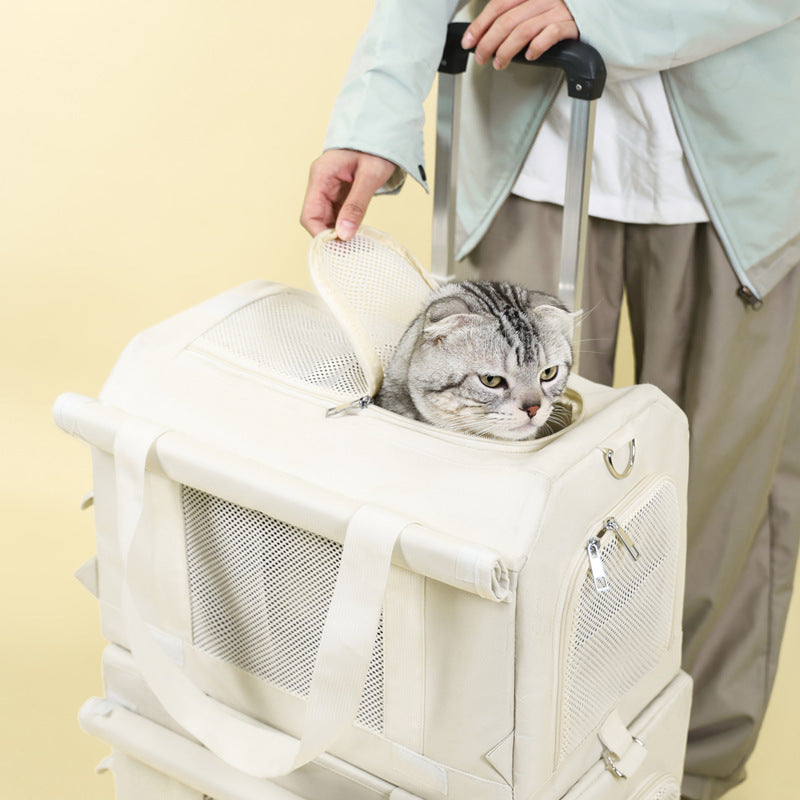 KFX-0242365 Portable Double-Deck Cat Backpack Luggage Bag in Solid Color Nylon