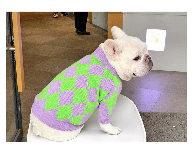 KFX-0243901 Cozy Purple Diamond Plaid Sweater for Dogs in Various Sizes