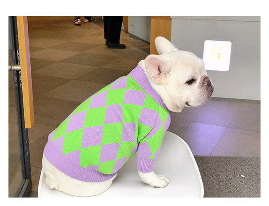 KFX-0243901 Cozy Purple Diamond Plaid Sweater for Dogs in Various Sizes