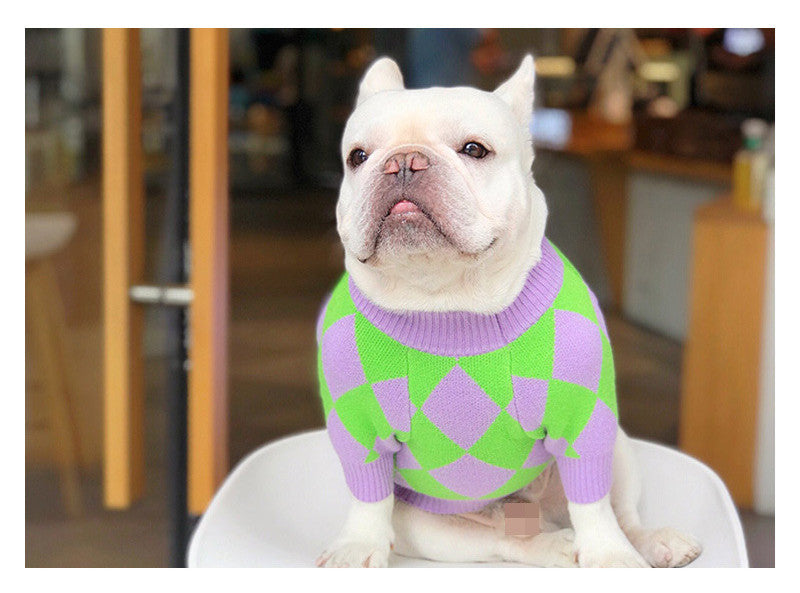 KFX-0243901 Cozy Purple Diamond Plaid Sweater for Dogs in Various Sizes