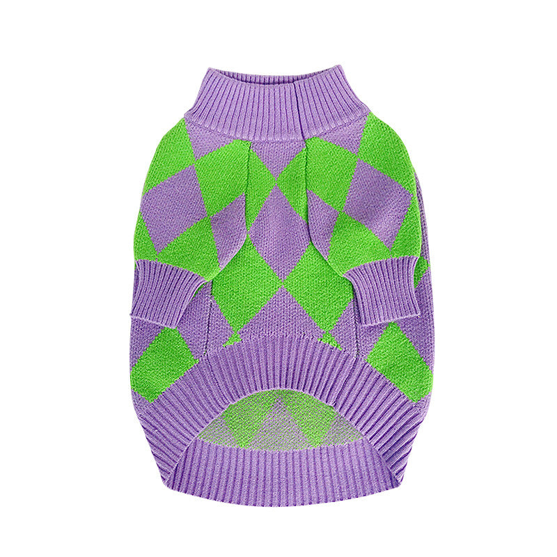KFX-0243901 Cozy Purple Diamond Plaid Sweater for Dogs in Various Sizes