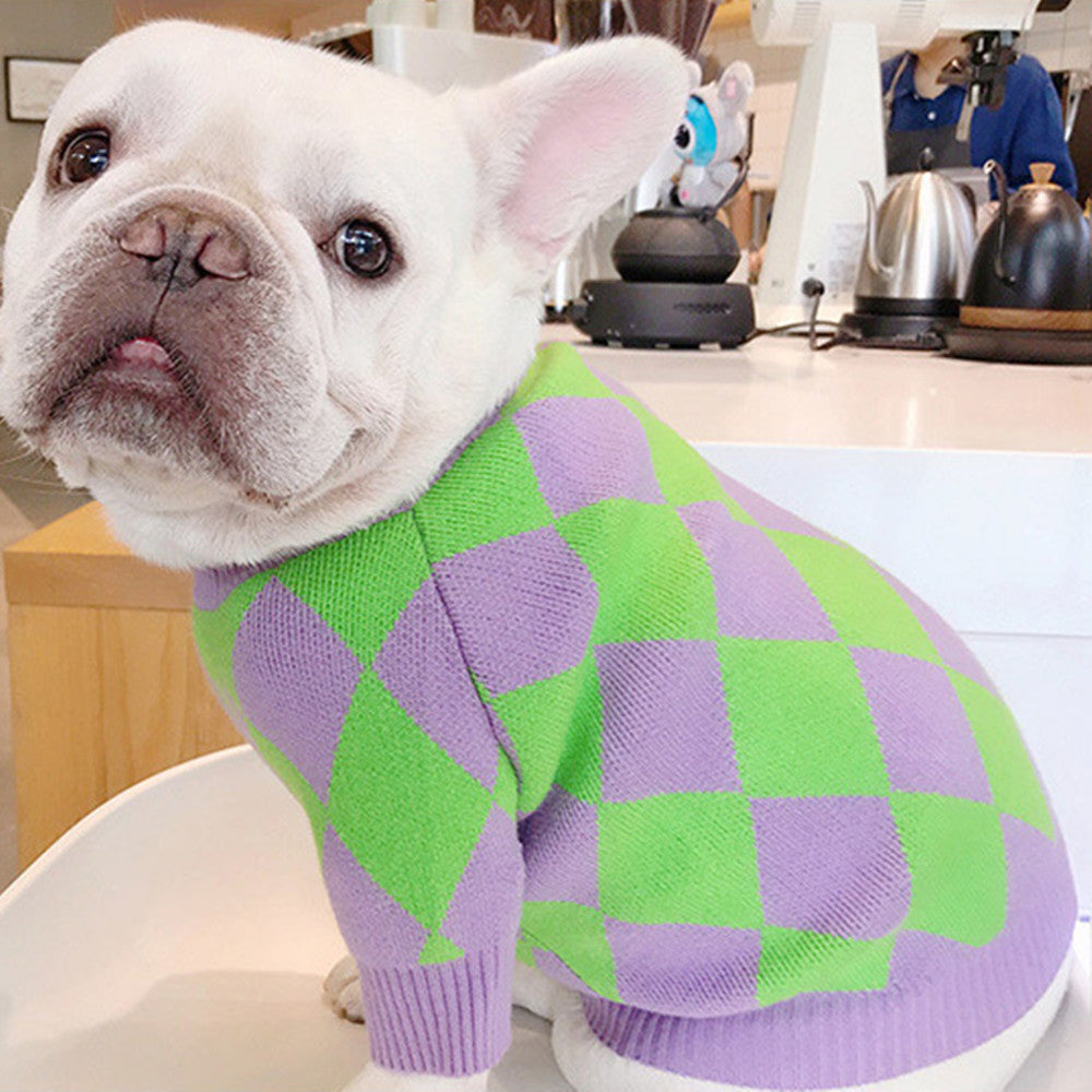 KFX-0243901 Cozy Purple Diamond Plaid Sweater for Dogs in Various Sizes